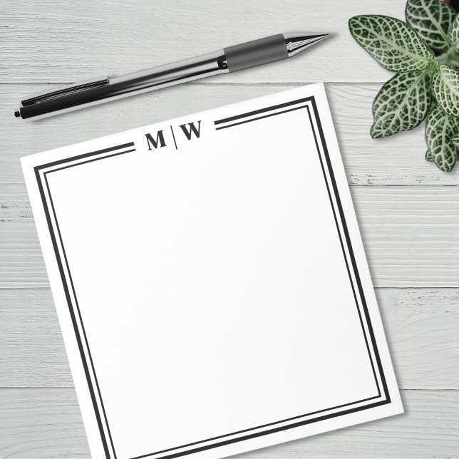Schwarzes Weißes Minimalistisches Monogramm Notizblock (Black White Minimalist Monogram Notepad)