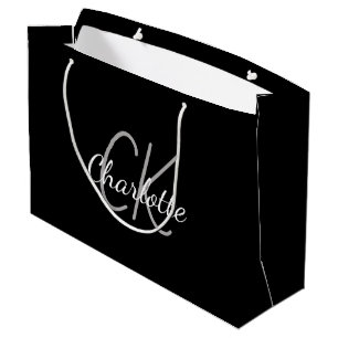Schwarzes weißes Monogramm Name modern elegant  Große Geschenktüte