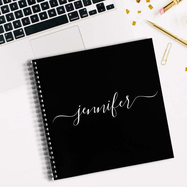 Schwarzes weißes Monogramm-Script-Name Skizzenbuch Notizbuch (Von Creator hochgeladen)