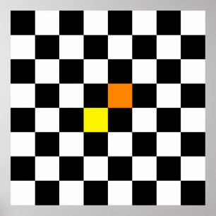 Schwarzes, weißes Schachbrett mit gelb-orangeer Poster