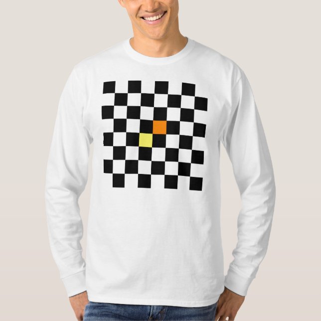 Schwarzes, weißes Schachbrett mit gelb-orangeer T-Shirt (Vorderseite)