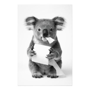 Schwarzes Weißes Süßes Koala mit Toilettenpapier Fotodruck