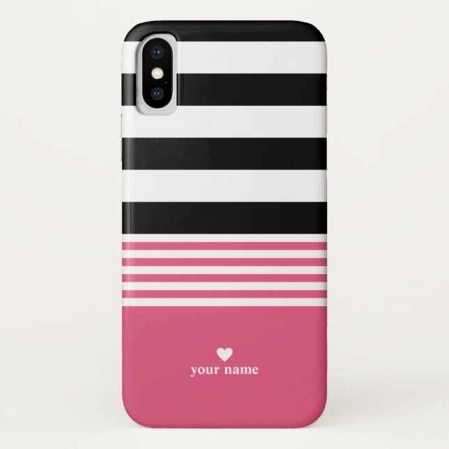 Schwarzes, weißes u. heißes Rosa-gestreiftes Case-Mate iPhone Hülle (Rückseite)