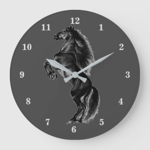 Schwarzes Wild-Pferd - Schwarz-Weiß-Zeichn Große Wanduhr