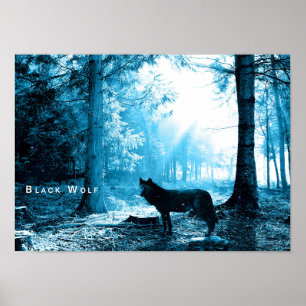 Schwarzes Wolf-Holz-Waldnachtphantasie-Plakat Poster