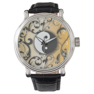 Schwarzes Yin u. Yang auf Bronzehintergrund Armbanduhr