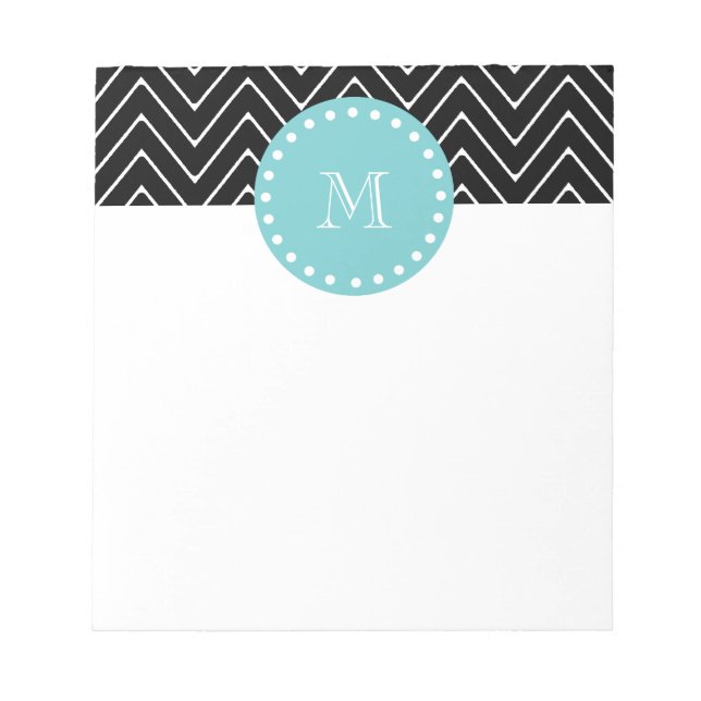 Schwarzes Zickzack Muster | Aquamarin Monogramm Notizblock (Vorderseite)