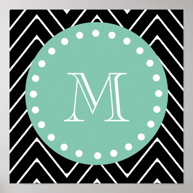 Schwarzes Zickzack Muster | Minze grüne Monogramm Poster (Vorne)