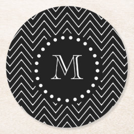 Schwarzes Zickzack schwarzes Monogramm des Runder Pappuntersetzer