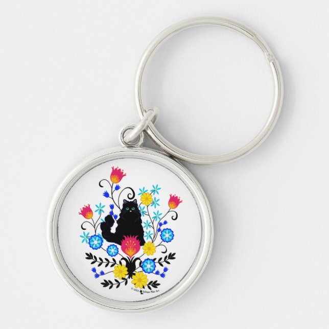 Schwarzflaume Katze mit Blume Schlüsselanhänger (Vorne)