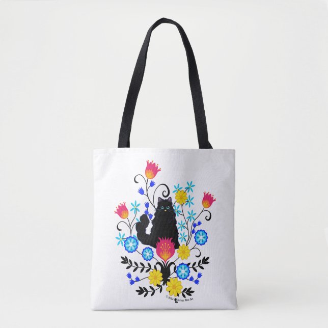 Schwarzflaume Katze mit Blume Tasche (Vorderseite)