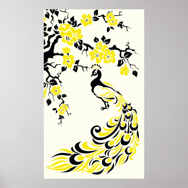 Schwarzgelbes Pfau- und Kirschblütenposter Poster (Vorne)