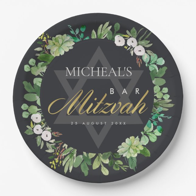 SCHWARZGOLD-FOLIAGE-KRIEG STAR-BAR BAT MITZVAH PAPPTELLER (Vorderseite)