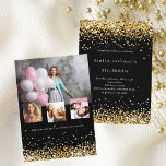 Schwarzgold Konfetti Foto Collage Geburtstag Einladung<br><div class="desc">Feiern Sie stilvoll mit unseren eleganten Black Gold Confetti Geburtstagseinladungen, die für die moderne, schicke Frau oder Teenager-Mädchen entworfen wurden. Ideal für einen glamourösen 21. Geburtstagsbash oder eine Meilensteinfeier, diese Einladungen Set die Bühne für ein unvergessliches Ereignis. Ausgeklügelter Schwarzer Hintergrund: Die klassische schwarze Kulisse bietet eine elegante und moderne Leinwand,...</div>