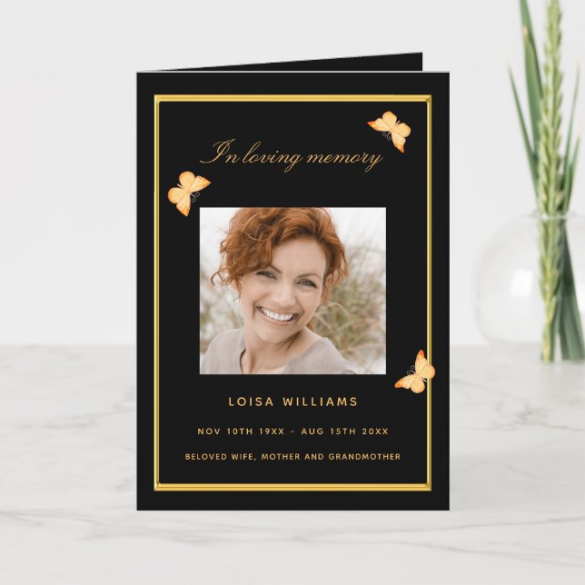 Schwarzgold Schmetterlinge Foto Beerdigung Program Karte (Vorderseite)