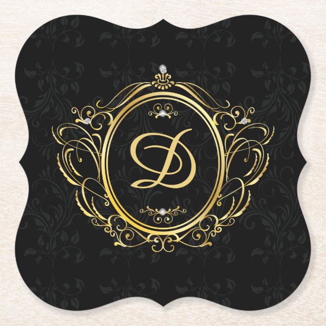 Schwarzgoldmonogramm-Damast Untersetzer (Vorderseite)