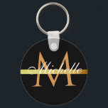 Schwarzkalligrafie Schlüsselanhänger<br><div class="desc">mit Monogramm Design mit personalisiertem Namenstext und schwarzem Hintergrund.</div>