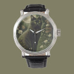 Schwarzkatze Armbanduhr<br><div class="desc">Stehend von weißen und rosa Blume ist eine schwarze Katze mit einer schönen Halskette, mit dem Mond im Hintergrund.</div>