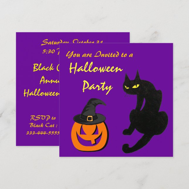 SCHWARZKATZE HALLOWEEN-PARTY Lila Einladung (Vorne/Hinten)