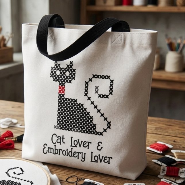 Schwarzkatzenliebhaber Tasche (Cat Lover & Embroidery Lover tote bag)