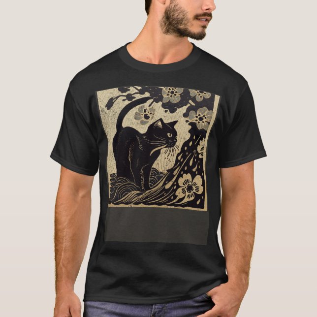 Schwarzkatzenwasser gießt Blume T-Shirt (Vorderseite)