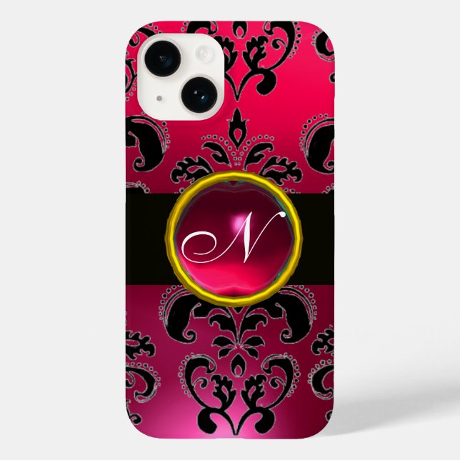 SCHWARZPINK FUCHSIA DAMASK MONOGRAM, Ruby Gemstone Case-Mate iPhone 14 Hülle (Rückseite)