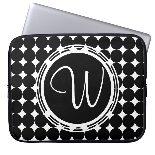 Schwarzpolka-Dot-Monogramm Laptopschutzhülle (Vorderseite)