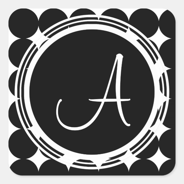 Schwarzpolka-Dot-Monogramm Quadratischer Aufkleber (Vorderseite)