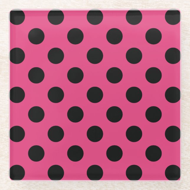 Schwarzpolka-Punkte auf Fuchsia Glasuntersetzer (Vorderseite)
