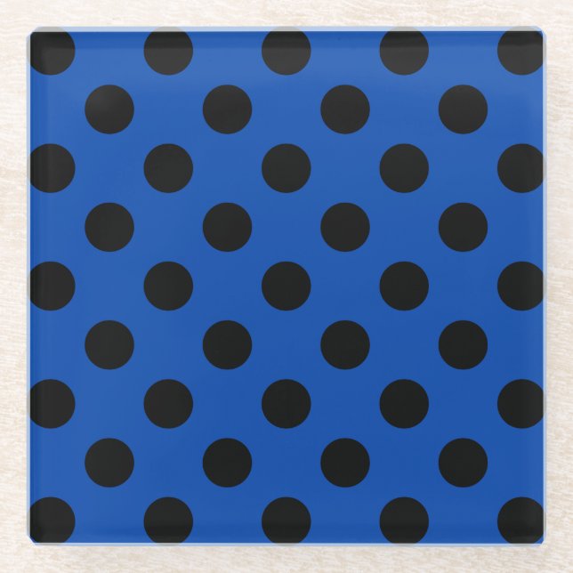 Schwarzpolka-Punkte auf königsblau Glasuntersetzer (Vorderseite)
