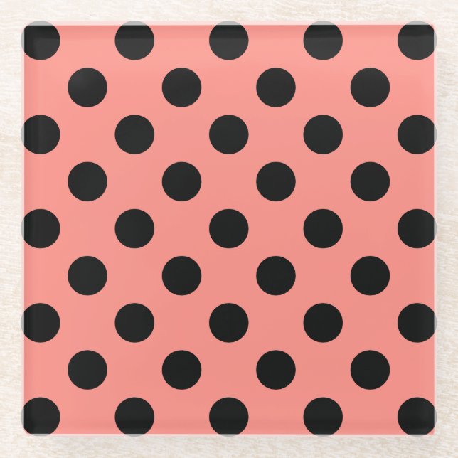 Schwarzpolka-Punkte auf Pfirsich Glasuntersetzer (Vorderseite)