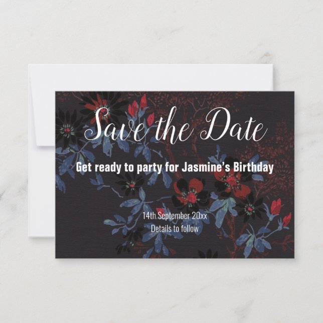 SCHWARZROT WEISSE CHERRBLOSSOM SAVE THE DATE RSVP KARTE (Vorderseite)