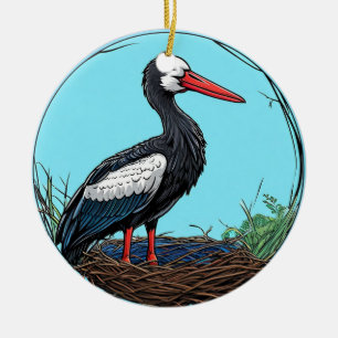 Schwarzstorch auf Nest stehend Keramik Ornament