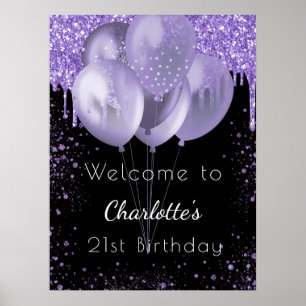 Schwarzviolett-Glitzer zum Geburtstag Begrüßungsba Poster