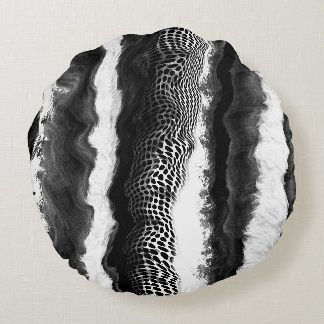 Schwarzweiß Abstrakt Moderne Illusion Kunst Rundes Kissen (Rückseite)