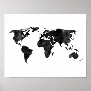 Schwarzweiss-Aquarell-Weltkarte Poster