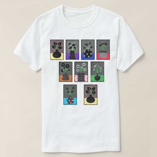 Schwarzweiß-Blume in schwarzen Vasen T-Shirt (Design vorne)