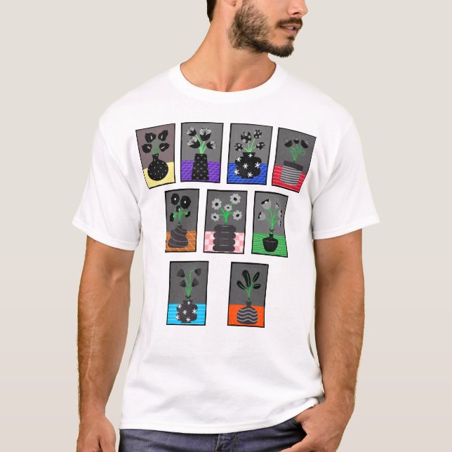 Schwarzweiß-Blume in schwarzen Vasen T-Shirt (Vorderseite)
