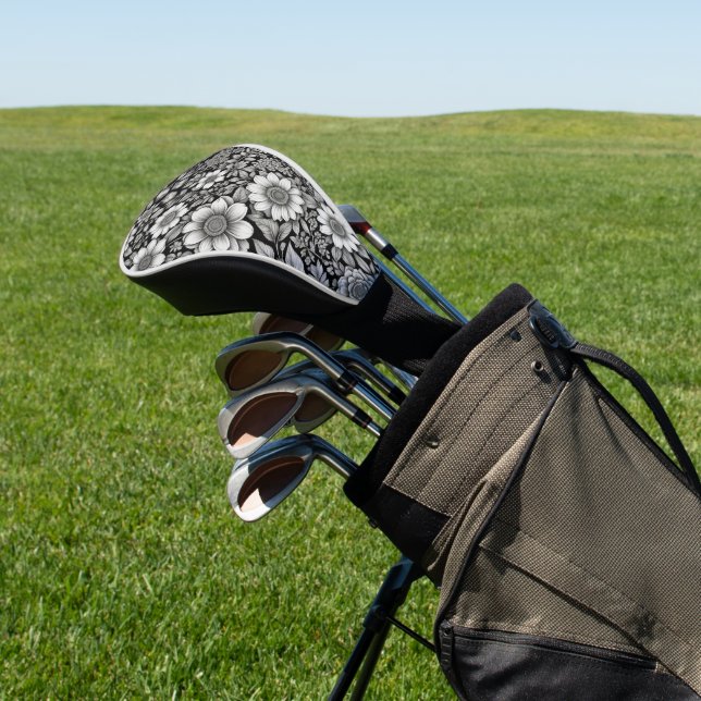 Schwarzweiß-Blume und Blätter Golf Headcover (In SItu)