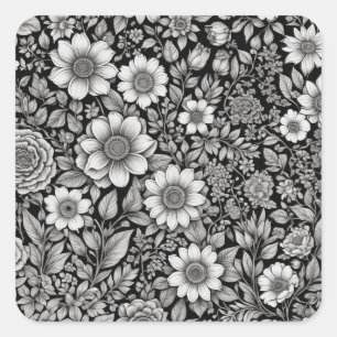 Schwarzweiß-Blume und Blätter Quadratischer Aufkleber