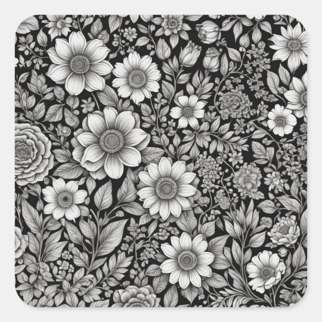 Schwarzweiß-Blume und Blätter Quadratischer Aufkleber (Vorderseite)