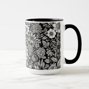 Schwarzweiß-Blume und Blätter Tasse