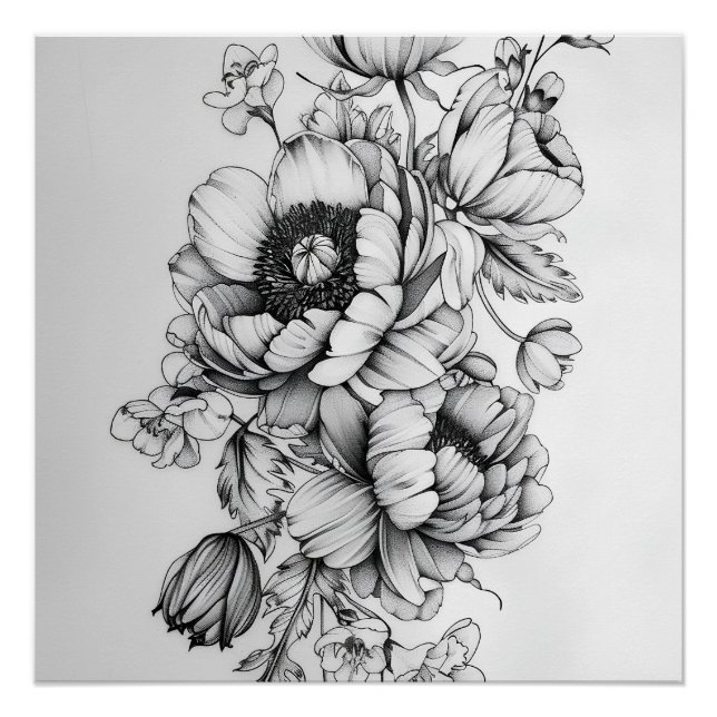 Schwarzweiß-Blumenelegante Poster (Vorderseite)
