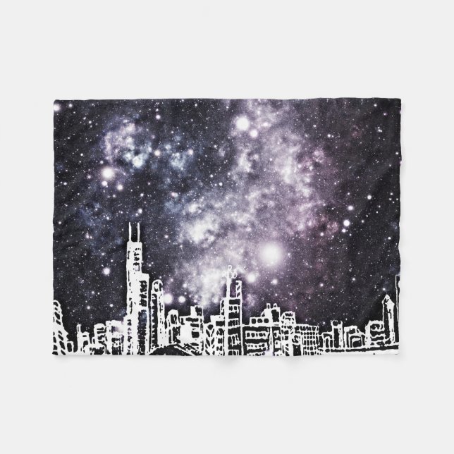 Schwarzweiss-Comic-Art-Stadtskyline-Milchstraße Fleecedecke (Vorderseite (Horizontal))