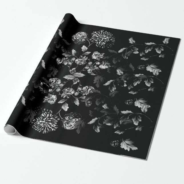 Schwarzweiss-Dahlie-Blumenrebe auf Schwarzem Geschenkpapier (Ungerollt)