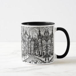 Schwarzweiß-Dorf mit gefalteten Häusern Tasse
