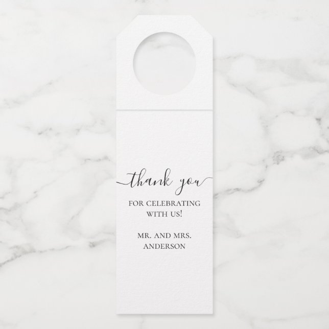 Schwarzweiß einfache Skript Hochzeit danke Flaschenanhänger (Vorderseite)