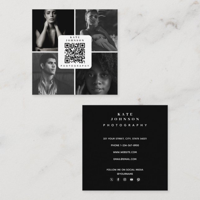 Schwarzweiß-Fotograf 4 Fotos QR-Code Quadratische Visitenkarte (Vorne/Hinten)