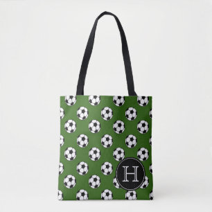 Schwarzweiss-Fußbälle auf grünem Monogramm Tasche