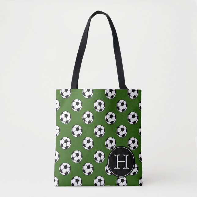 Schwarzweiss-Fußbälle auf grünem Monogramm Tasche (Vorderseite)